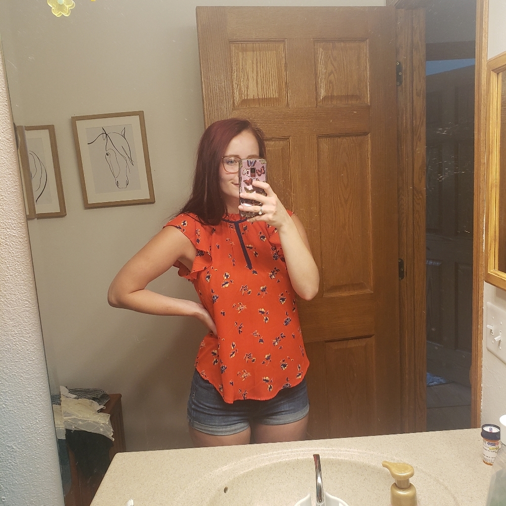 Red floral silk top